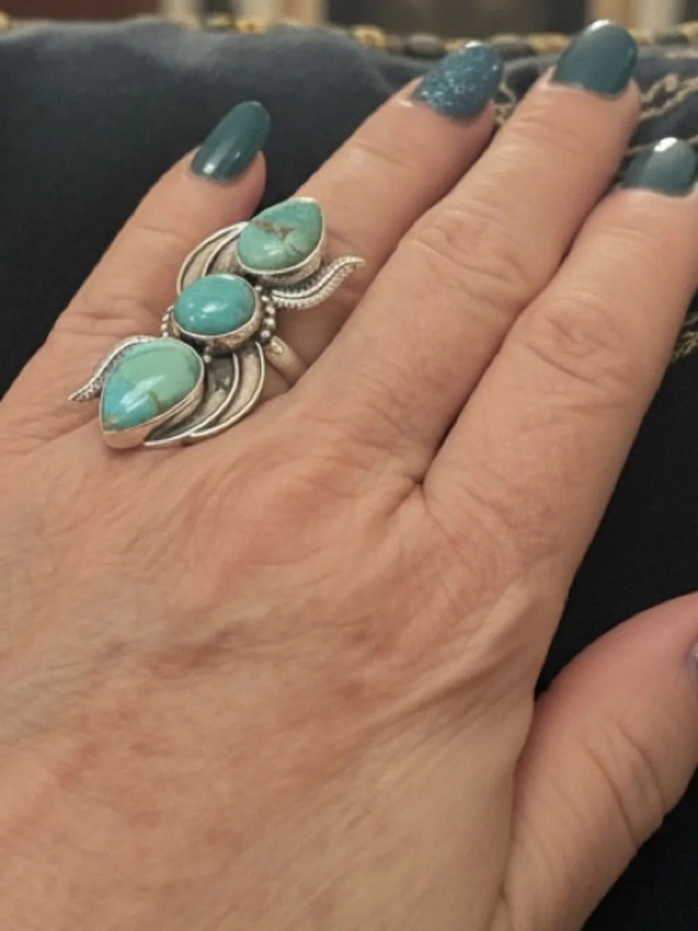 Genuine Turquoise Stone Sterling Silver statement ring- Blue Green Teardrop Trio